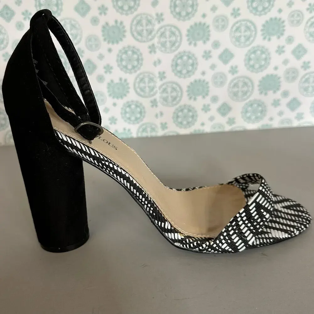 JustFab Womens Black White Woven Block Heel Ankle Strap Sandals Open Toe 10 - Picture 7 of 12